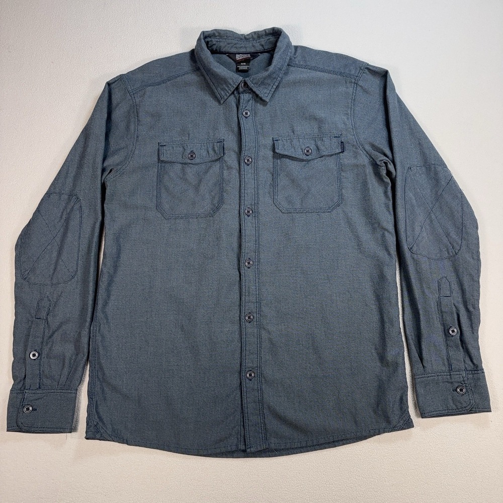 Outdoor Research Flannel Shirt Men M Gray Blue Elbow Patch Flap Pocket Button Up